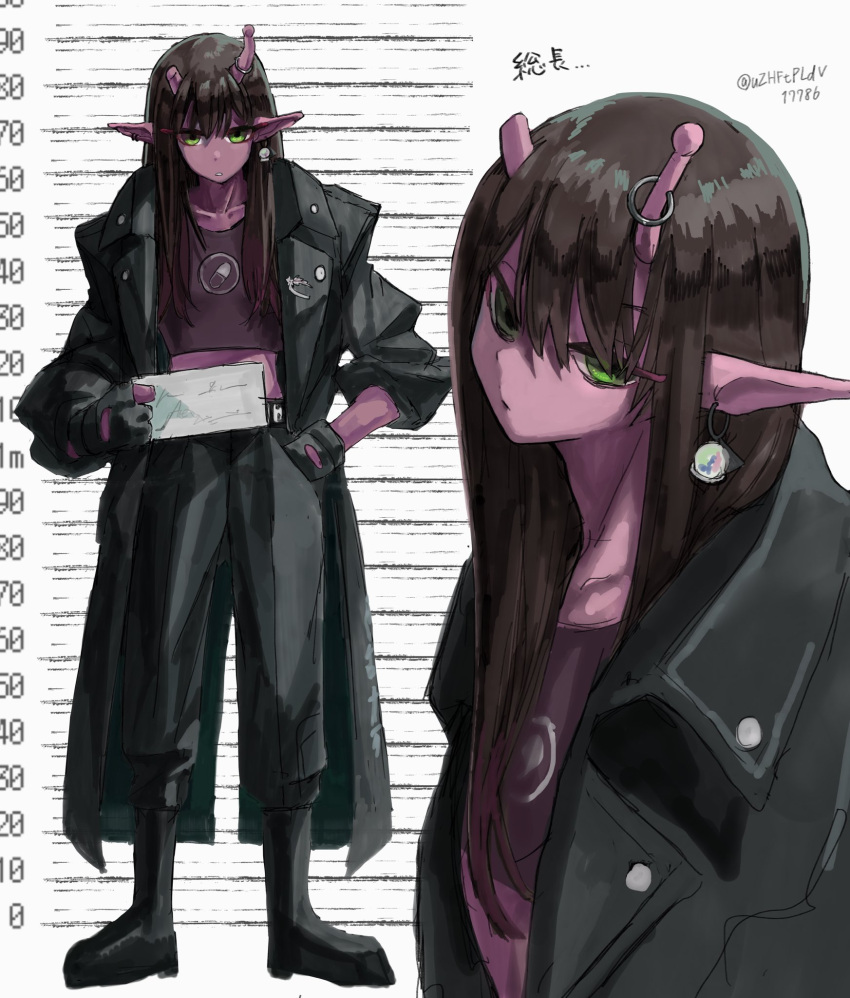 1girl, alien, antenna_piercing, antennae, black_boots, black_gloves, boots, broken_antenna