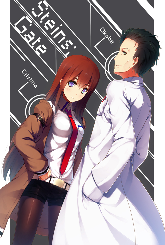 brown_hair, green_eyes, jacket, labcoat, legwear_under_shorts, long_hair, makise_kurisu, necktie