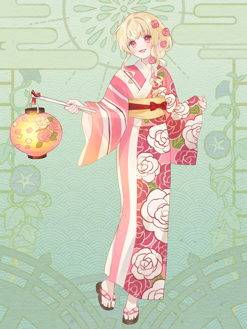 1girl, blonde_hair, dairoku_ryouhei, floral_print, floral_print_kimono, flower, full_body, green_background