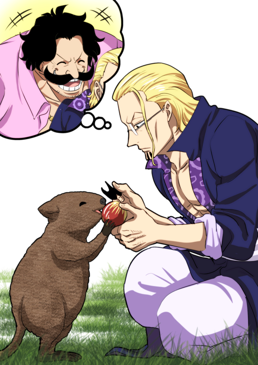 2boys, aged_down, black_hair, blonde_hair, collarbone, facial_hair, feeding_animal, glasses