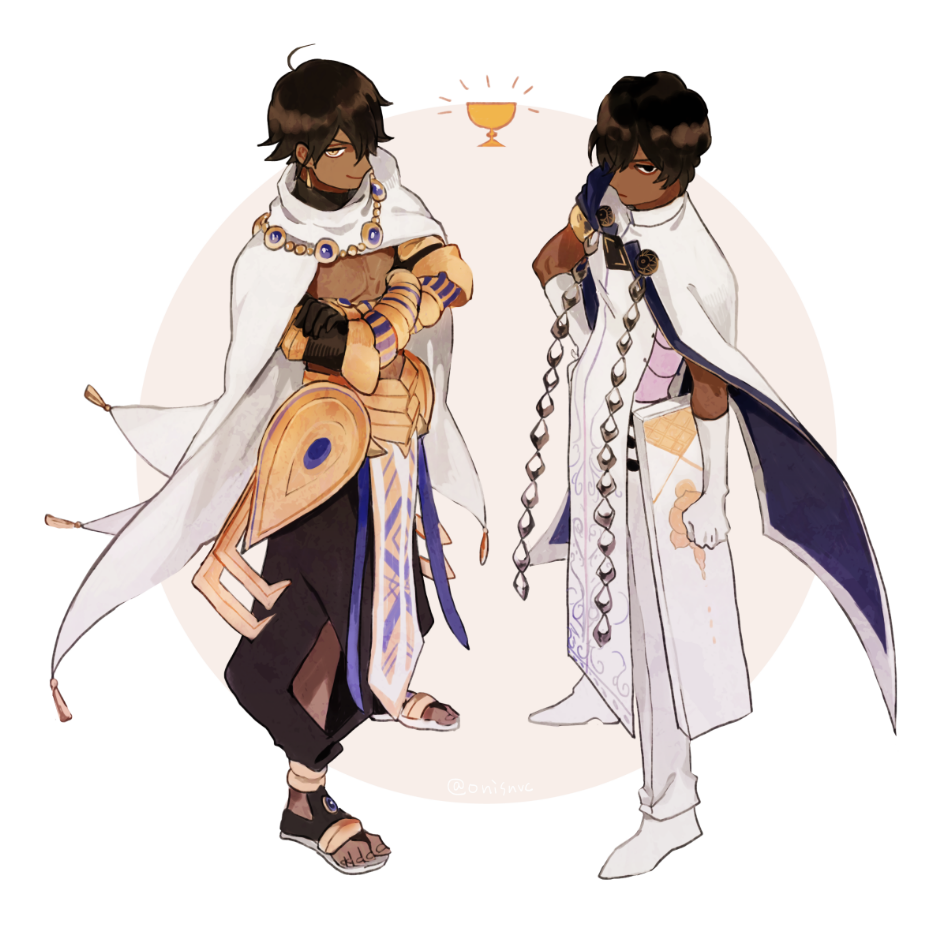 2boys, arjuna_(fate), black_eyes, black_hair, brown_hair, cape, conohi_(snvcenni), dark-skinned_male