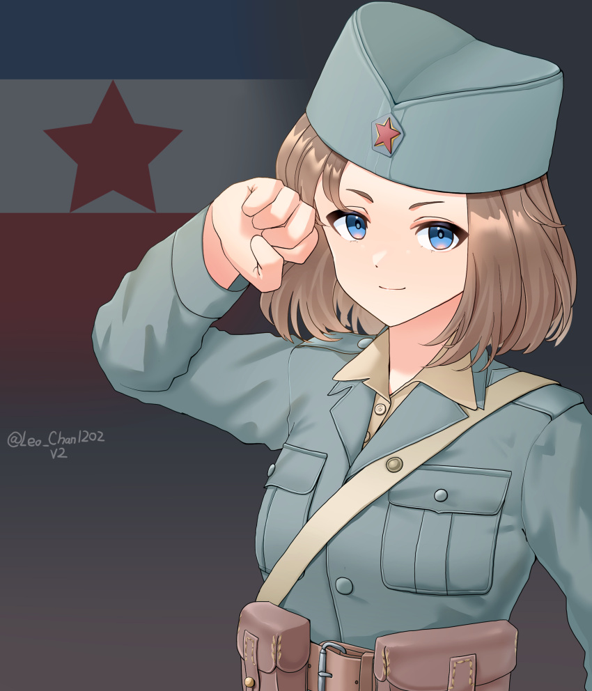 1girl, absurdres, ammunition_pouch, arm_up, artist_name, belt, blue_eyes, breast_pocket