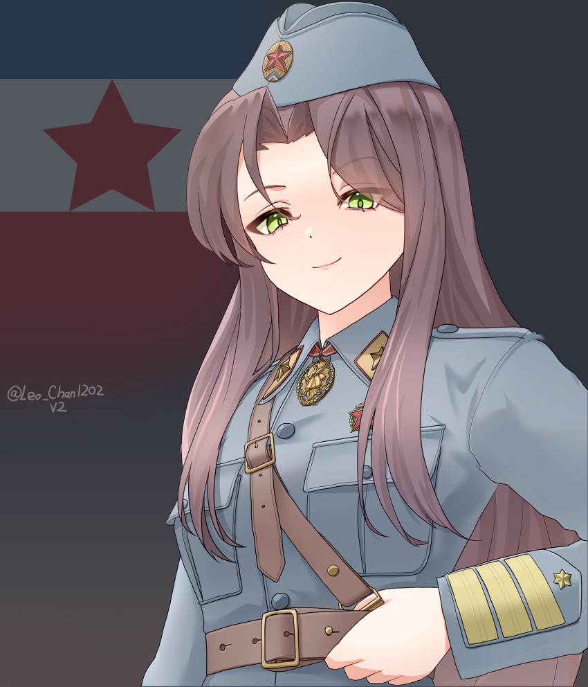 1girl, absurdres, artist_name, belt, blue_hat, blue_jacket, breast_pocket, brown_belt