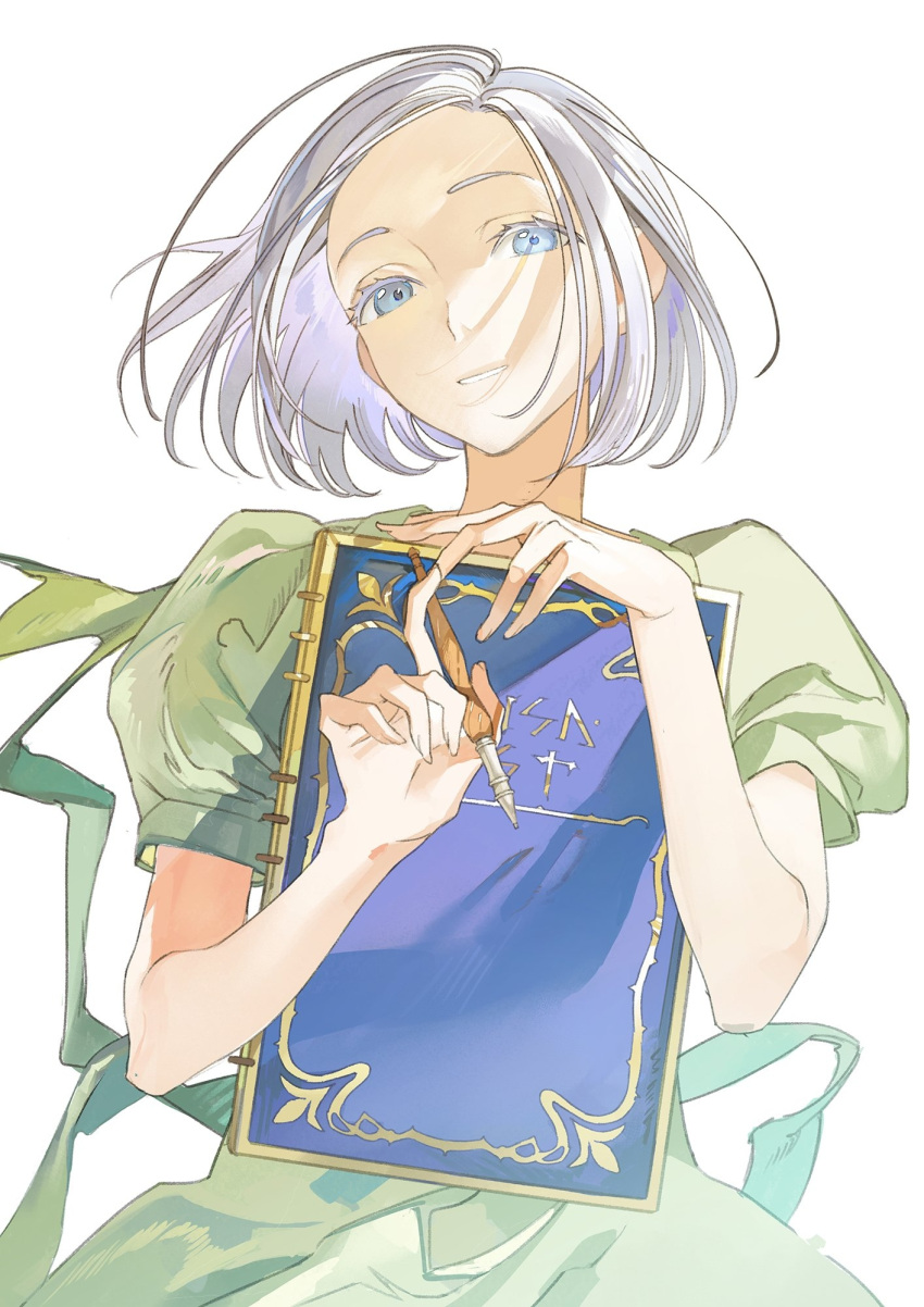 1girl, blue_eyes, book, colored_eyelashes, commentary_request, dragon_quest, dragon_quest_x, dress