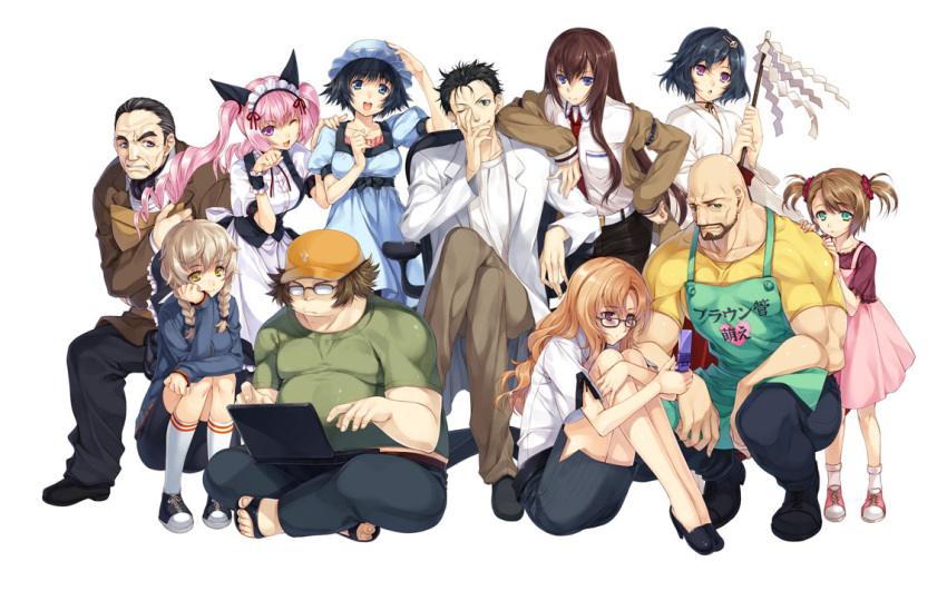 amane_suzuha, apron, bald, black_hair, blue_eyes, braid, brown_hair, cat_pose