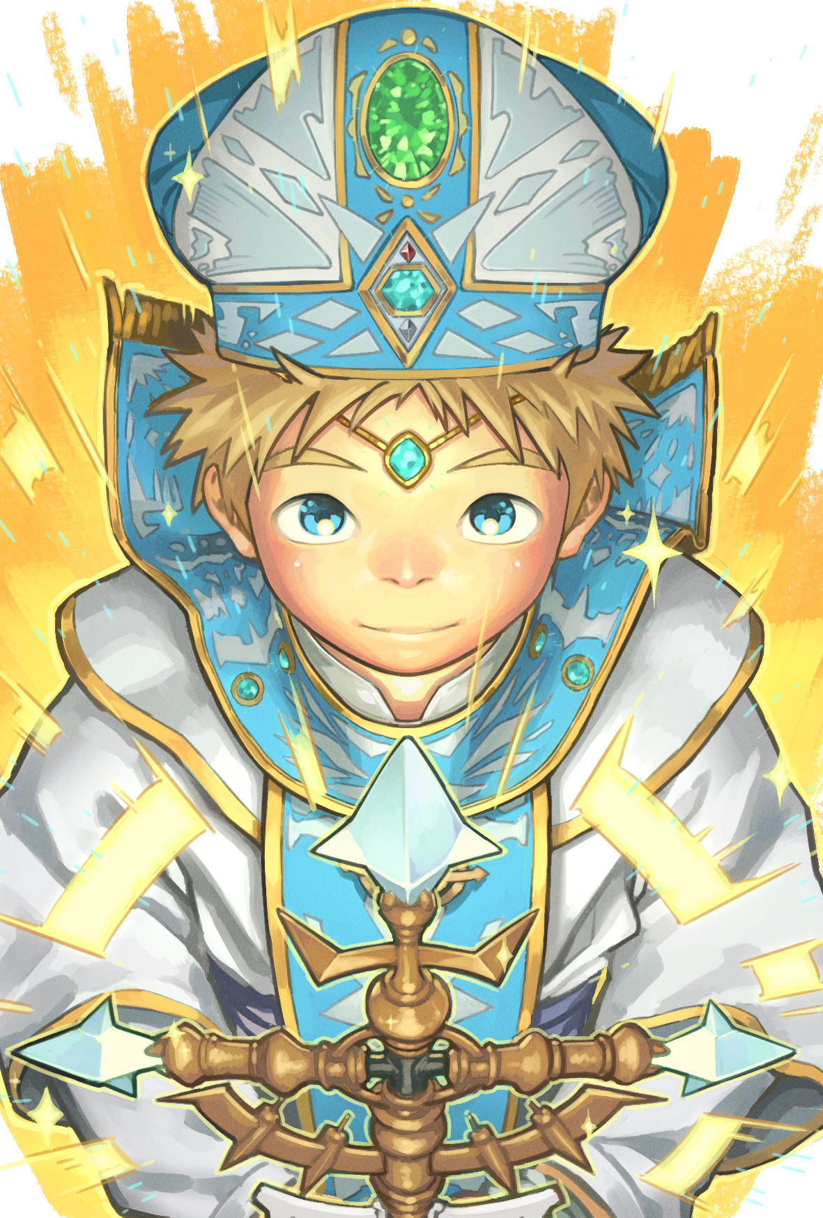 1boy, aqua_gemstone, blonde_hair, blue_eyes, closed_mouth, crave_saga, cross, diamond_(shape)