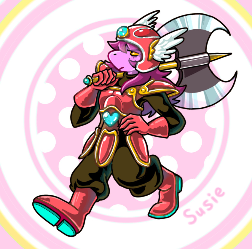 1girl, armor, axe, black_pants, black_shirt, boots, character_name, colored_sclera