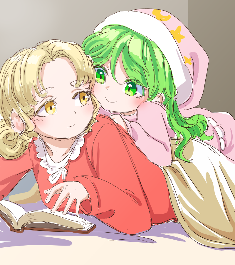 2girls, aged_down, blanket, blonde_hair, book, closed_mouth, collar, curly_hair