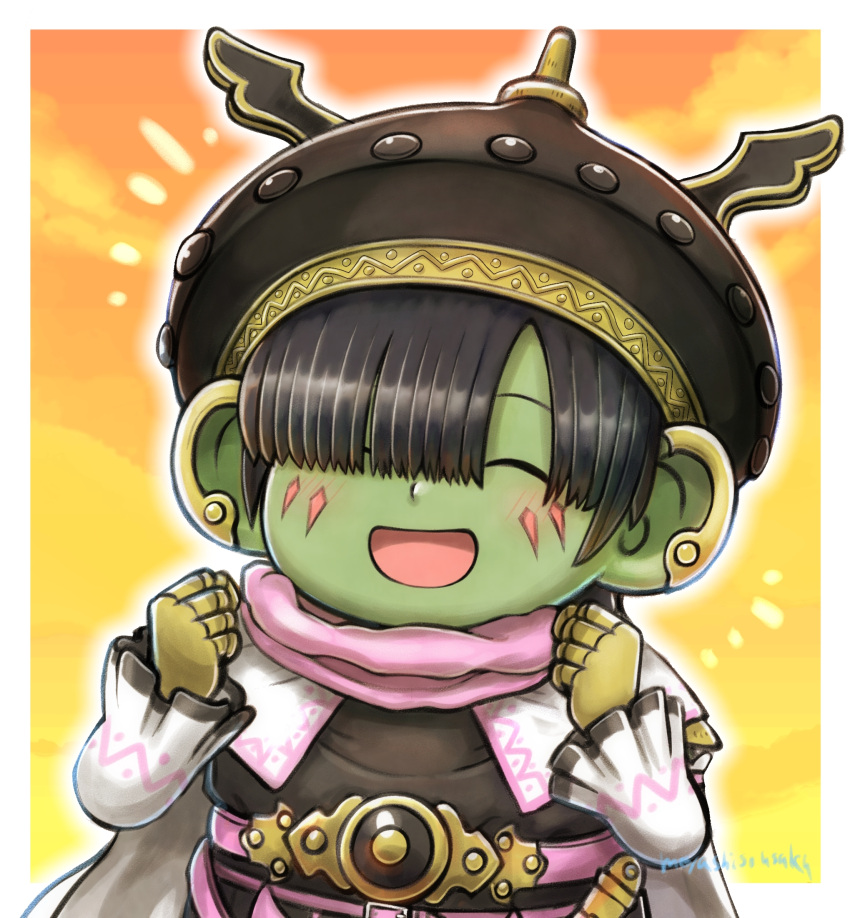 1boy, belt, black_hair, black_hat, border, capelet, clenched_hands, closed_eyes
