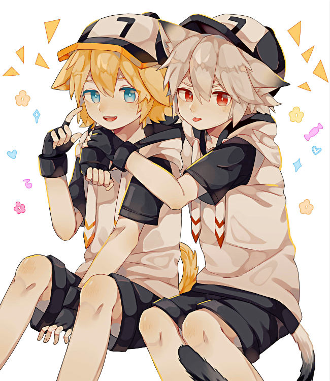 1735600651, 2boys, :p, animal_ears, aotu_world, baseball_cap, black_gloves, black_hat