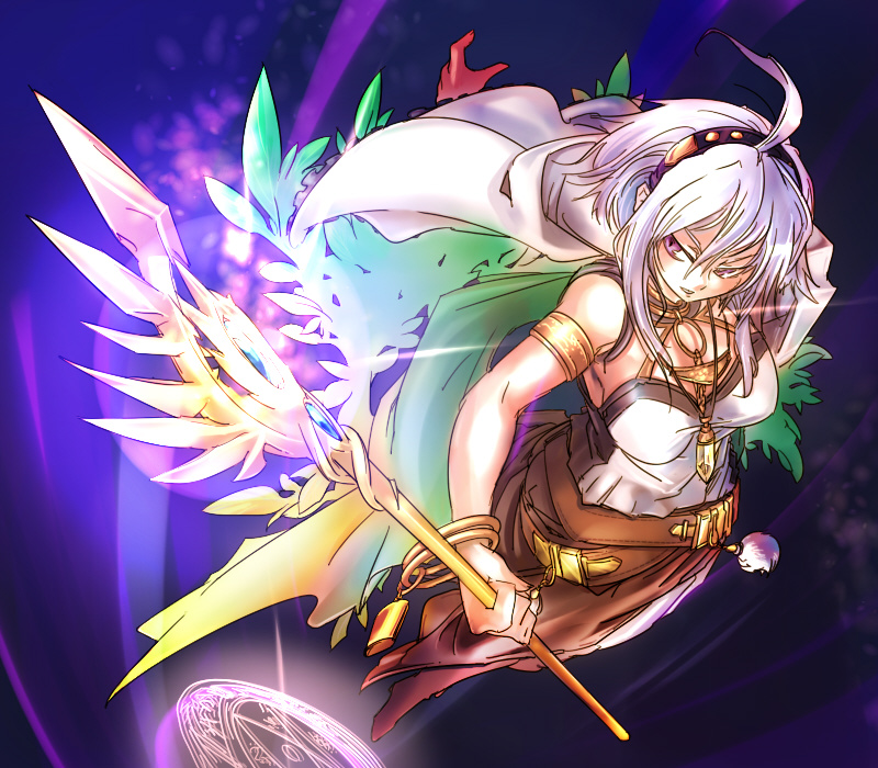 ahoge, black_hairband, blue_gemstone, cape, dress, duel_monster, floating, gem