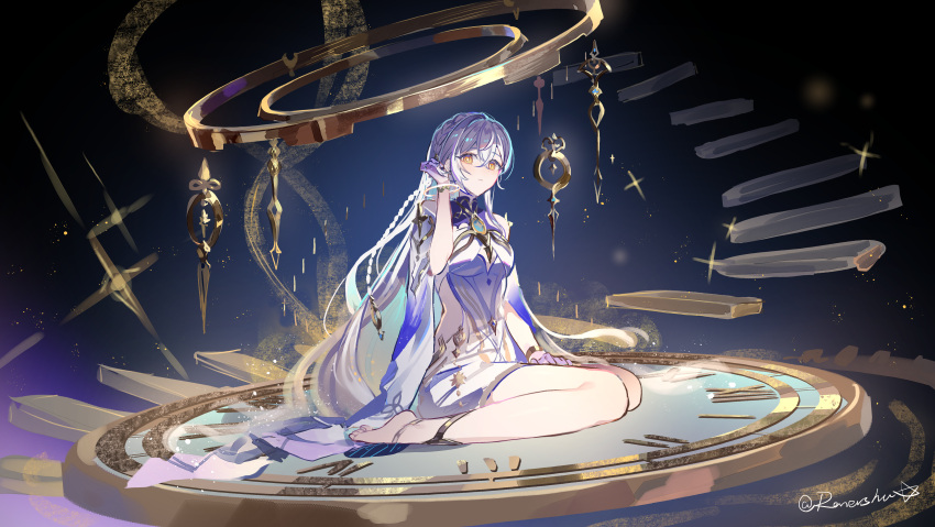 1girl, absurdres, barefoot, braid, closed_mouth, crossed_bangs, detached_sleeves, dress