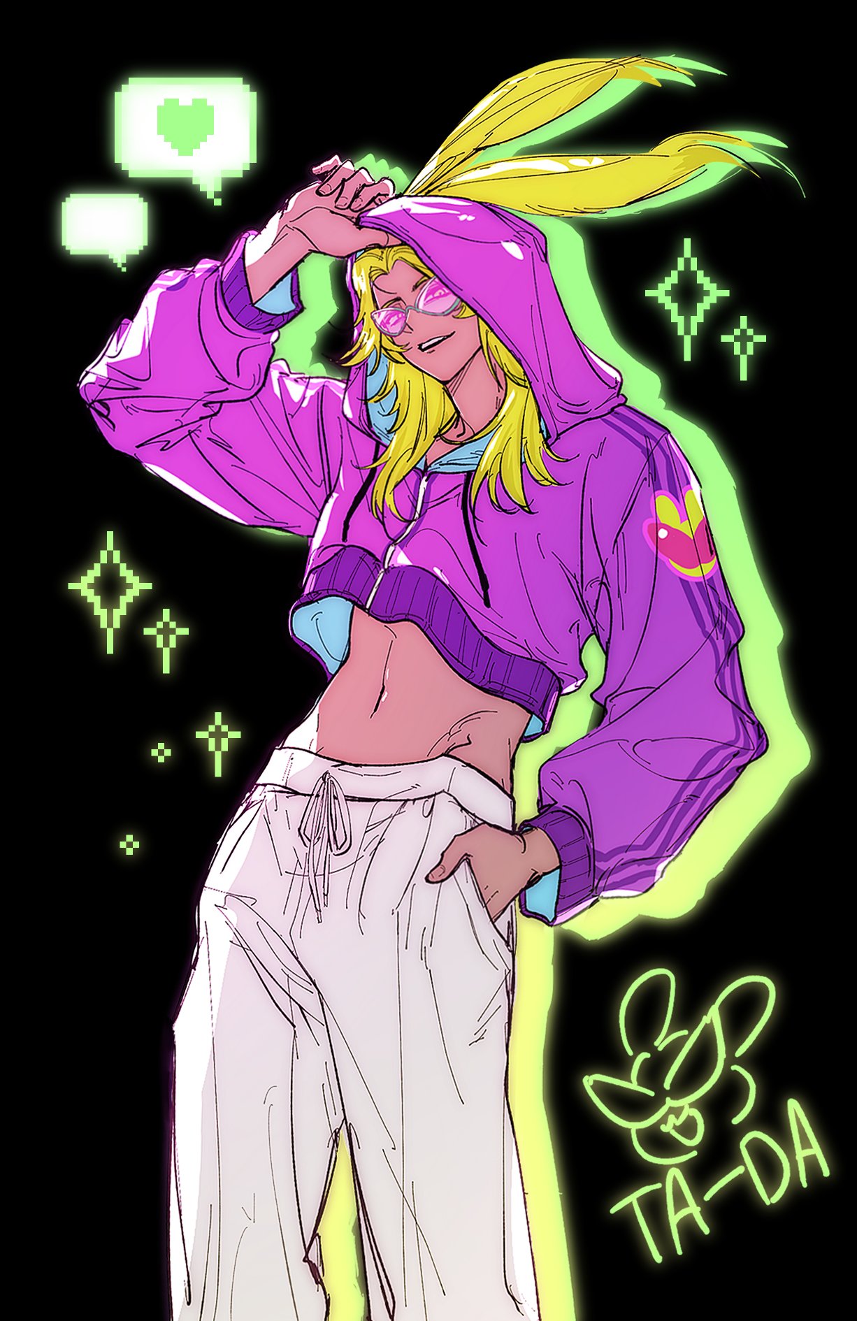 1boy, animal_ears, arm_up, black_background, blonde_hair, commentary_request, cropped_jacket, dancing_green