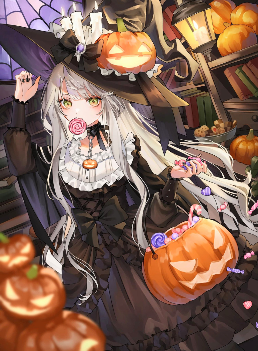 1girl, arm_up, black_bow, black_choker, black_dress, black_hat, blurry, blurry_foreground, book, bookshelf, bow, bow_choker, bowl, candle, candle_hat_ornament, candy, candy_cane, candy_heart, candy_wrapper, chain, checkerboard_cookie, chocolate_chip_cookie, choker, commentary, cookie, cross-laced_clothes, cross-laced_dress, dress, dutch_angle, fire, food, food_in_mouth, frilled_choker, frilled_dress, frilled_sleeves, frills, gem, green_eyes, halloween, halloween_bucket, halloween_costume, hand_on_headwear, hand_up, hat, hat_bow, highres, indoors, jack-o'-lantern, jack-o'-lantern_choker, jack-o'-lantern_hat_ornament, lantern, lollipop, long_dress, long_hair, long_sidelocks, looking_at_viewer, mouth_hold, original, pendant_choker, pumpkin, purple_gemstone, saika_usagi, sidelocks, sleeve_cuffs, solo, stained_glass, standing, swirl_lollipop, thumbprint_cookie, very_long_hair, very_long_sidelocks, white_hair, window, witch, witch_hat