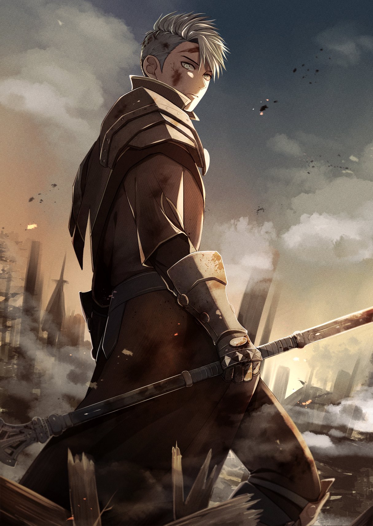 1boy, armor, black_coat, blood, blood_on_face, blue_eyes, blue_hair, building
