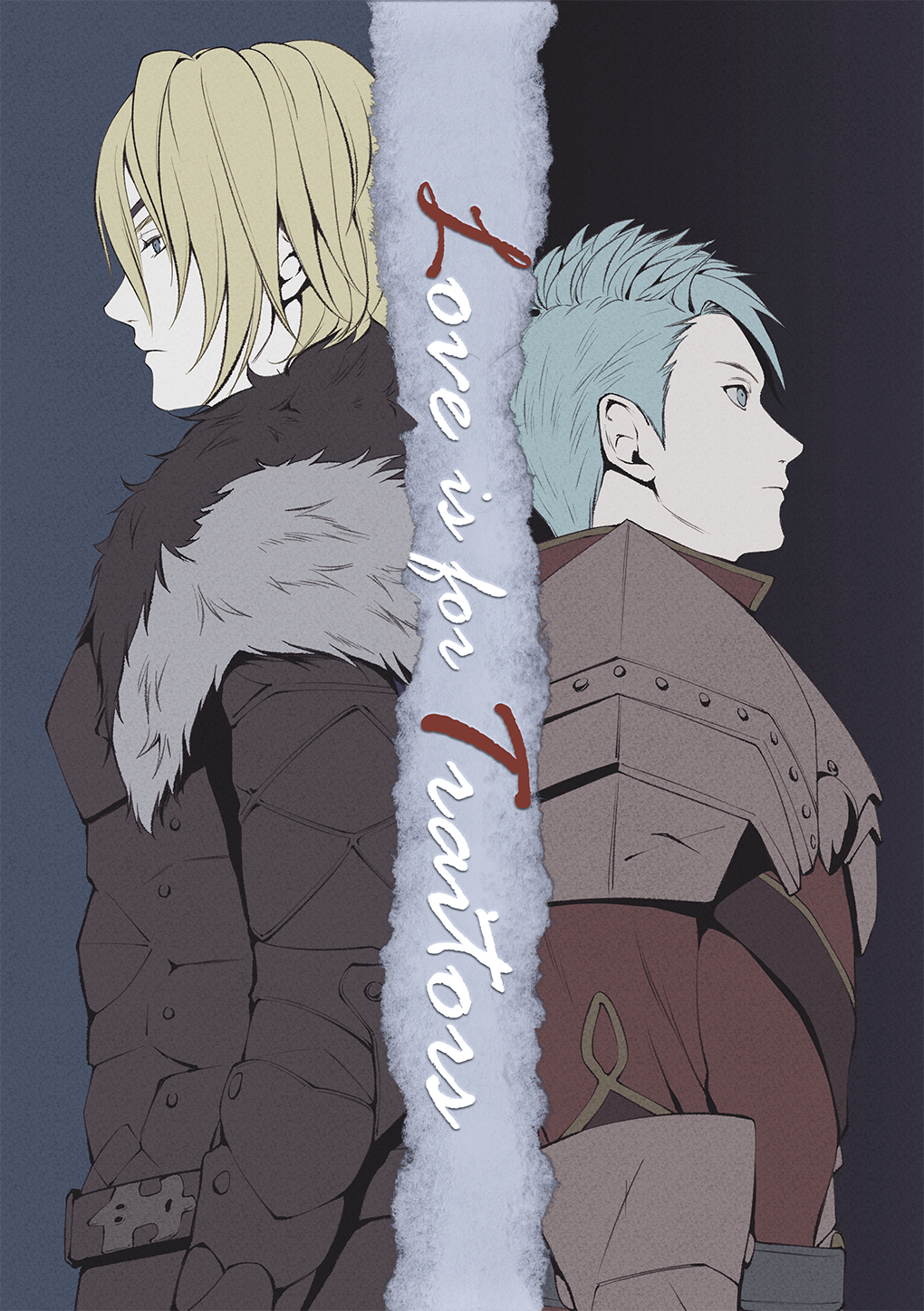 2boys, armor, back-to-back, belt, black_armor, black_belt, blonde_hair, blue_eyes