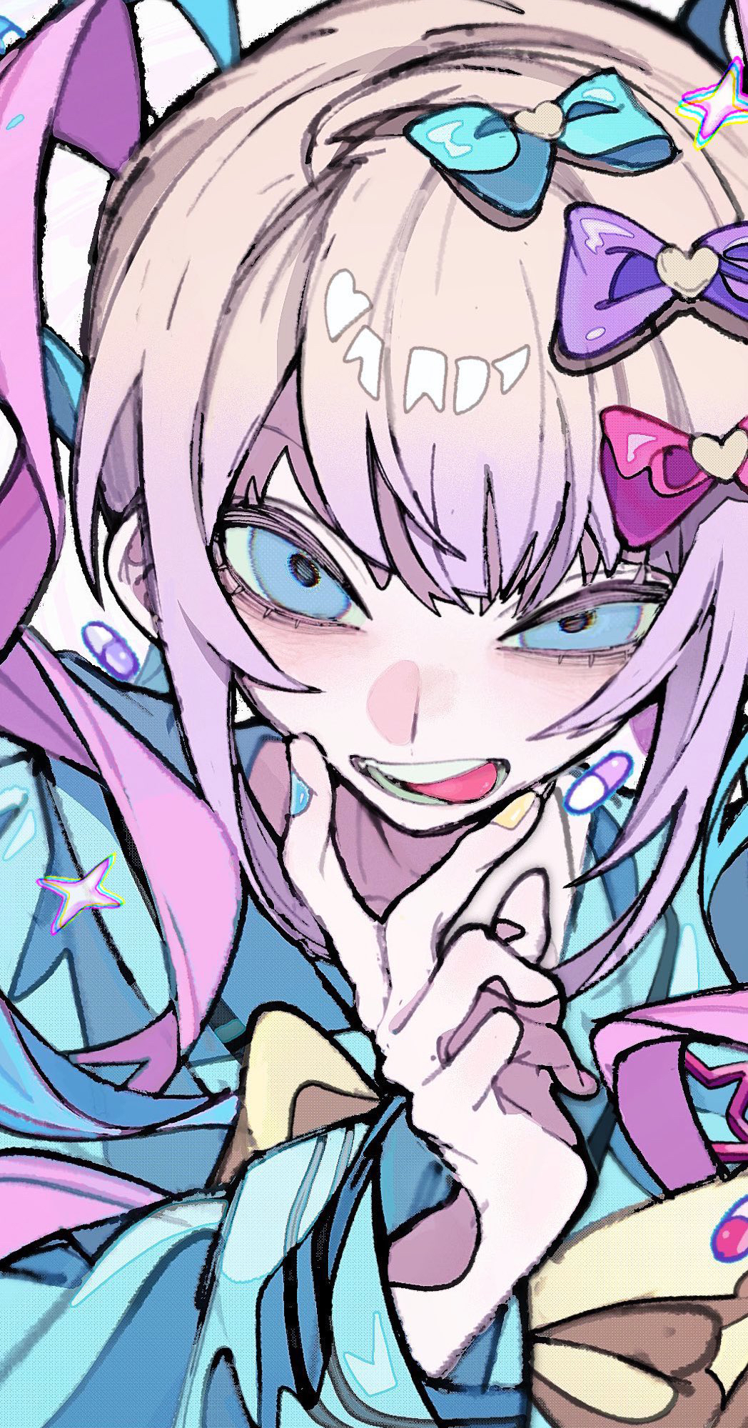 1girl, blonde_hair, blue_bow, blue_eyes, blue_hair, blue_nails, blue_shirt, bow, chappii_(paon_gunsou), chouzetsusaikawa_tenshi-chan, commentary_request, hair_bow, hair_ornament, hand_up, heart, heart_hair_ornament, highres, long_hair, long_sleeves, looking_at_viewer, multicolored_hair, multicolored_nails, nail_polish, needy_girl_overdose, open_mouth, pill, pink_bow, pink_hair, purple_bow, quad_tails, shirt, smile, solo, sparkle, teeth, tongue, tongue_out, twintails, upper_body, yellow_nails