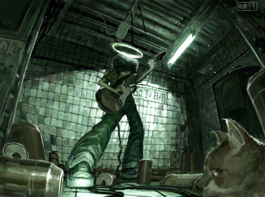 1boy, animal, black_hair, black_shirt, cable, can, cat, ceiling_light