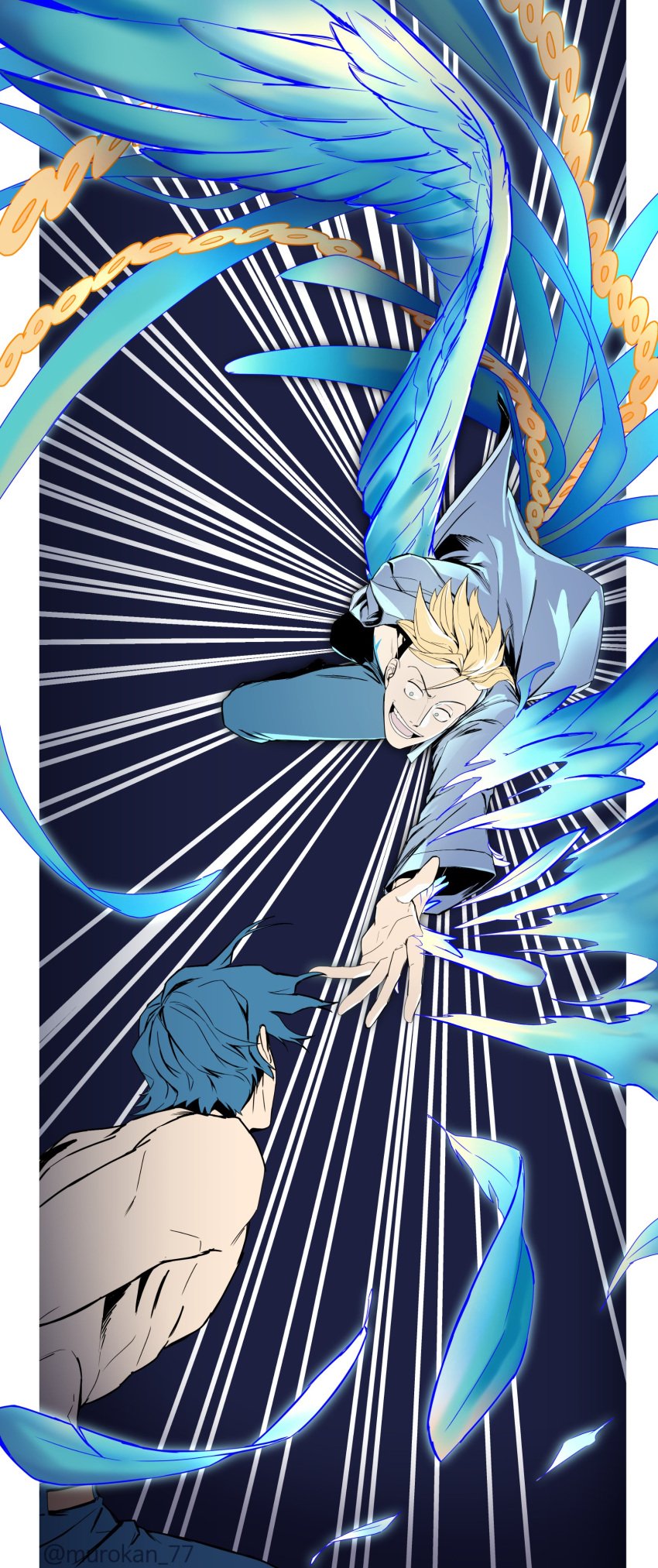 2boys, absurdres, black_hair, black_pants, blonde_hair, blue_eyes, blue_pants, blue_wings