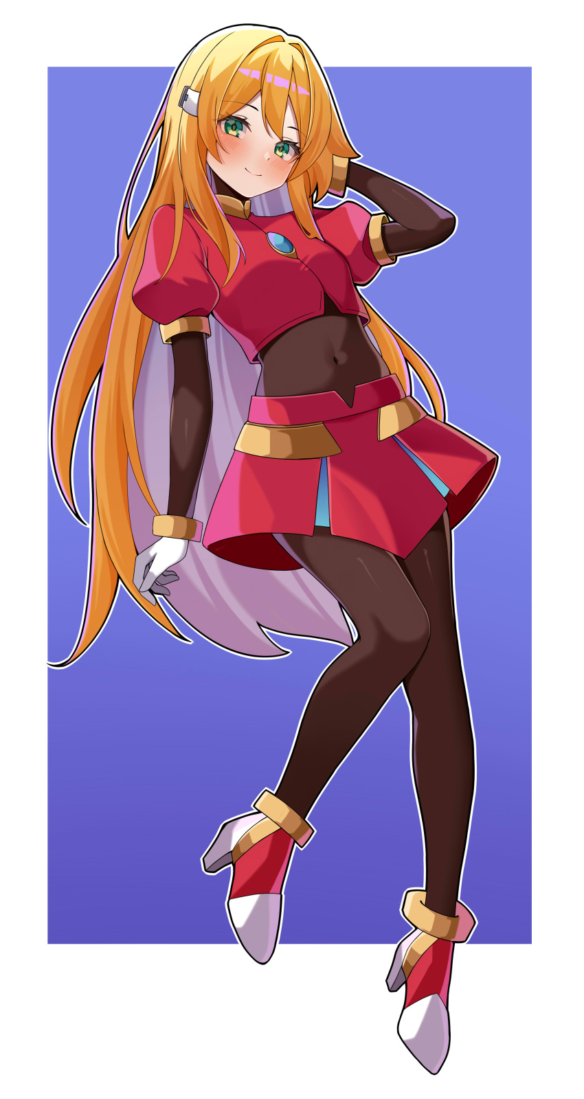 1girl, absurdres, blonde_hair, bodystocking, breasts, chest_jewel, commission, commissioner_upload, covered_navel, crop_top, elf_(mega_man_zx_prequel), eyelashes, full_body, gloves, green_eyes, hand_on_own_hip, high_heels, highres, light_smile, long_bangs, long_hair, medium_breasts, mega_man_(series), mega_man_zx, non-web_source, original, petite, short_sleeves, sidelocks, simple_background, skirt, solo, thigh-highs, thighs, wayanfa