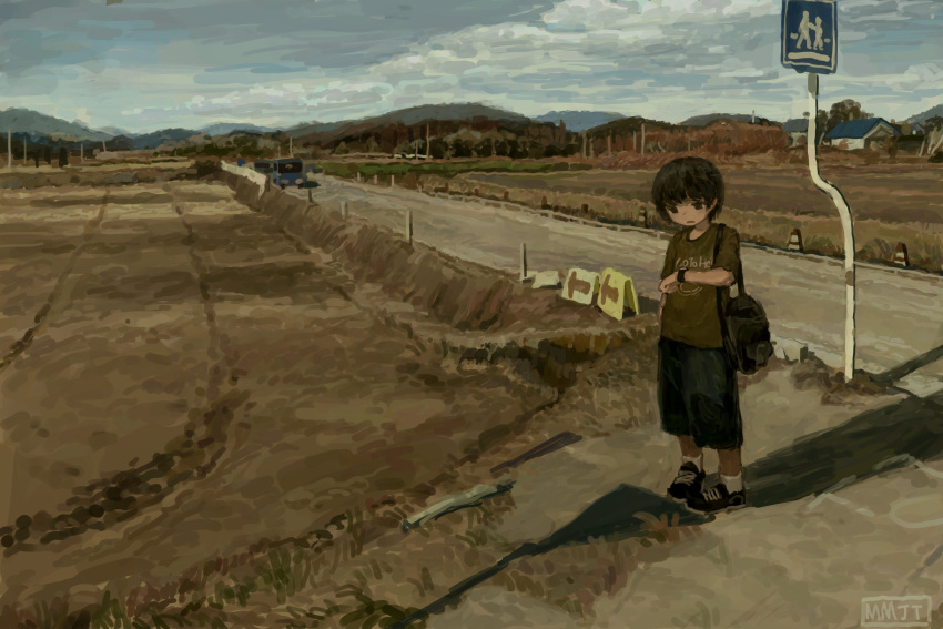 1boy, absurdres, arm_behind_back, backpack, bag, black_eyes, black_hair, black_shorts
