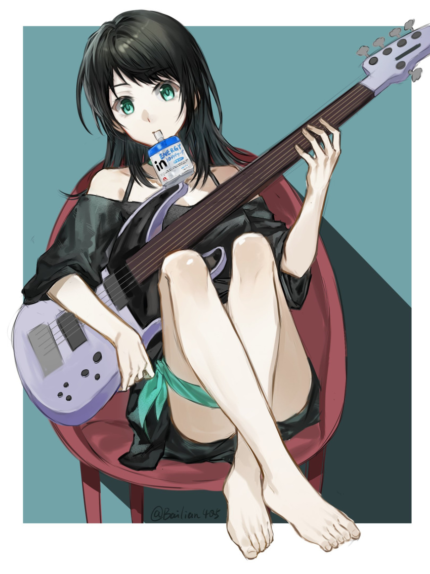 1girl, 5-string_bass_guitar, bang_dream!, bang_dream!_it's_mygo!!!!!, bass_guitar, black_hair, black_shirt, black_shorts