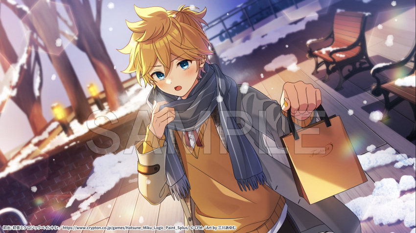 1boy, absurdres, bag, bench, black_pants, blue_eyes, blue_scarf, blush