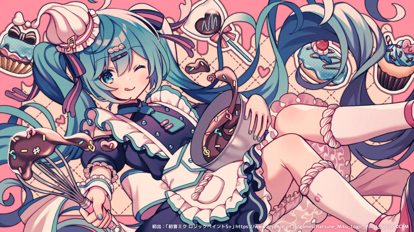 1girl, amagi_hana, apron, black_dress, bloomers, blue_eyes, blue_hair, blue_nails