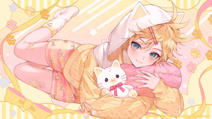 1boy, animal_ears, animal_hood, ankle_socks, antenna_hair, aqua_eyes, bishounen, blonde_hair, cardigan, commentary_request, fake_animal_ears, fingernails, hair_between_eyes, hatsune_miku_logic_paint_s, highres, hood, hooded_cardigan, kagamine_len, leaning_to_the_side, long_sleeves, looking_at_viewer, official_alternate_costume, official_art, paw_print, paw_print_background, pillow, pink_background, pink_shorts, shinotarou_(nagunaguex), shorts, smile, socks, solo, striped_clothes, striped_shorts, vocaloid, white_socks, yellow_background, yellow_cardigan, yellow_nails, yellow_shorts
