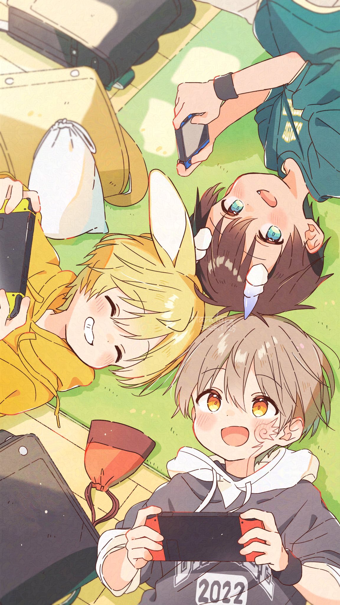 3boys, ^_^, animal_ears, armband, arms_up, backpack, bag, black_armband