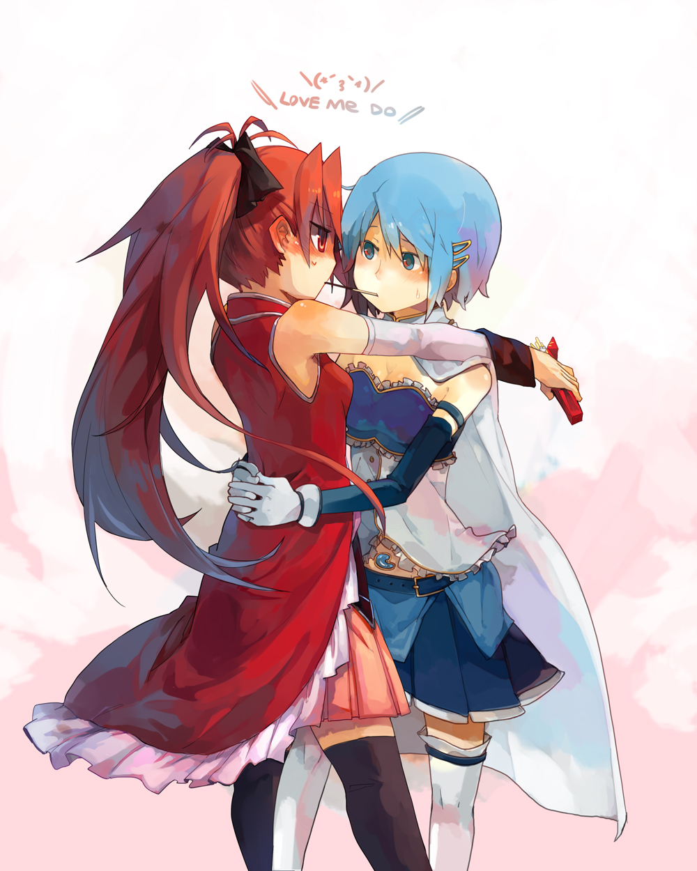 bare_shoulders, blue_eyes, blue_hair, blush, detached_sleeves, english, glider_(artist), gloves