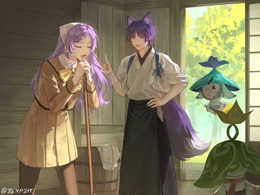 1girl, 2boys, animal_ears, apron, aranara_(genshin_impact), arm_at_side, black_apron, black_hakama