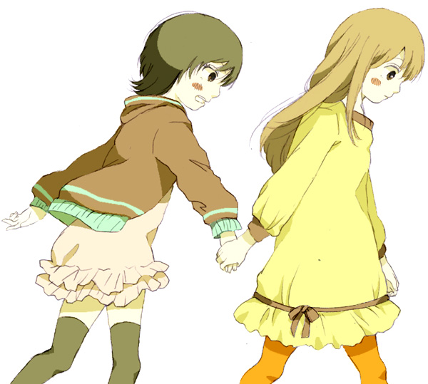 1boy, 1girl, black_hair, blush, bow, brown_eyes, brown_hair, child, couple, crossdressing, crossdressinging, dress, green_legwear, hand_holding, holding_hand, holding_hands, hourou_musuko, long_hair, nitori_shuuichi, open_mouth, orange_legwear, pantyhose, short_hair, suehiro_anna, suikadon, thighhighs, trap