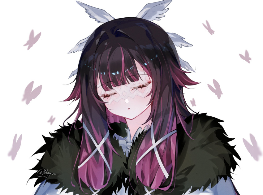 1girl, angel_wings, black_hair, blunt_bangs, bow, bowtie, bug, butterfly