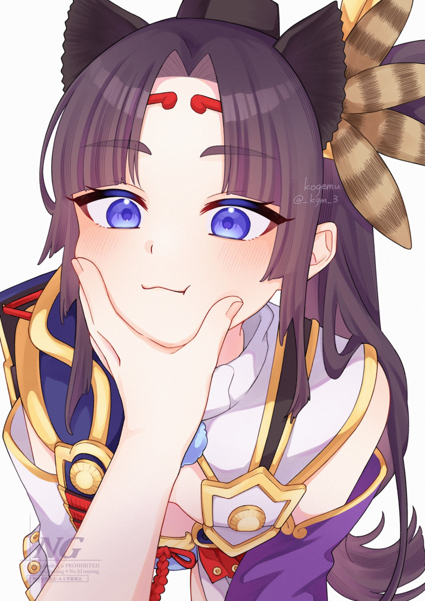 1girl, black_hair, blue_eyes, blush, closed_mouth, fate/grand_order, fate_(series), hair_ornament