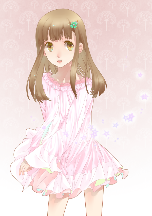 blush, brown_eyes, brown_hair, crossdressing, crossdressinging, dress, hair_ornament, hairclip
