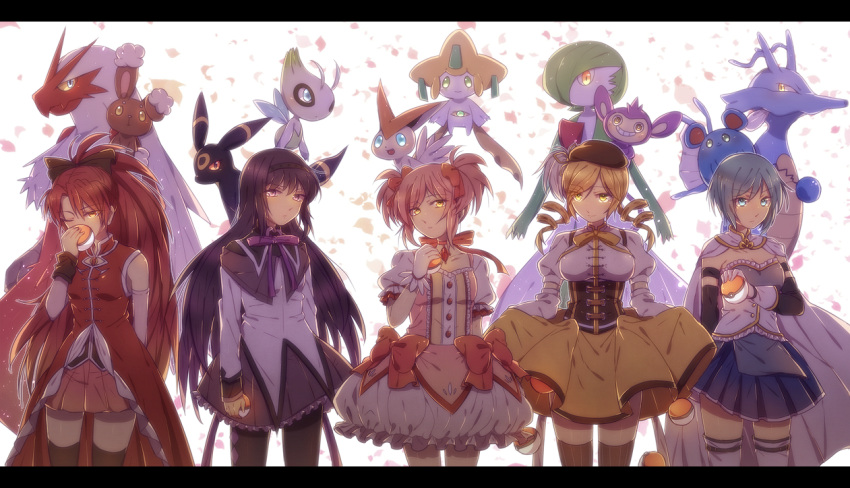 5girls, aipom, akemi_homura, black_hair, blaziken, blonde_hair, blue_eyes, blue_hair