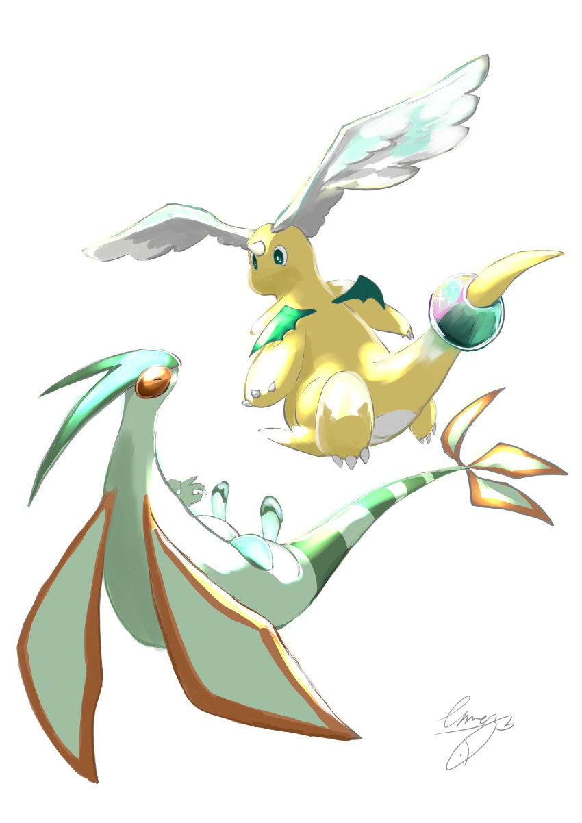 absurdres, claws, dragon, dragonite, eme_ko, feathered_wings, flygon, flying