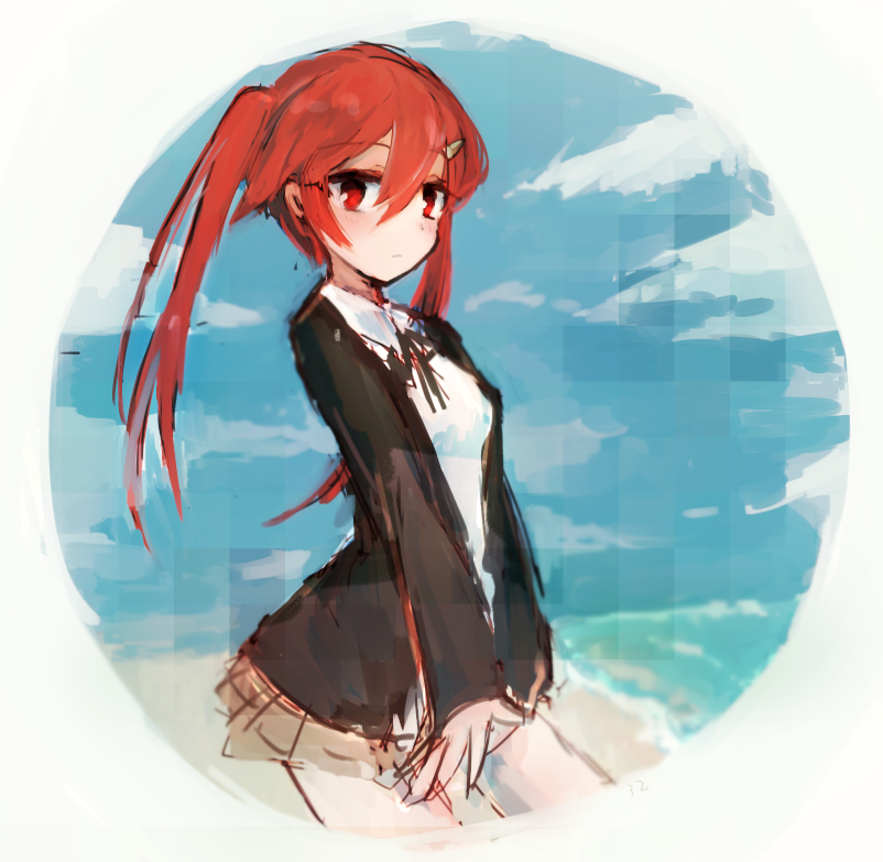 32_(rt_32_bbk), beach, bellwall_school_uniform, black_jacket, black_ribbon, blue_sky, brown_skirt, clouds
