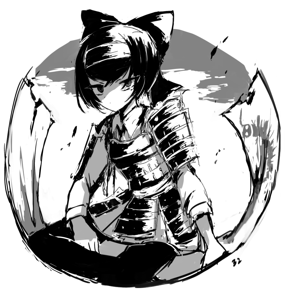 1girl, 32_(rt_32_bbk), armor, centipede_print, girls_und_panzer, girls_und_panzer_ribbon_no_musha, greyscale, hair_ribbon