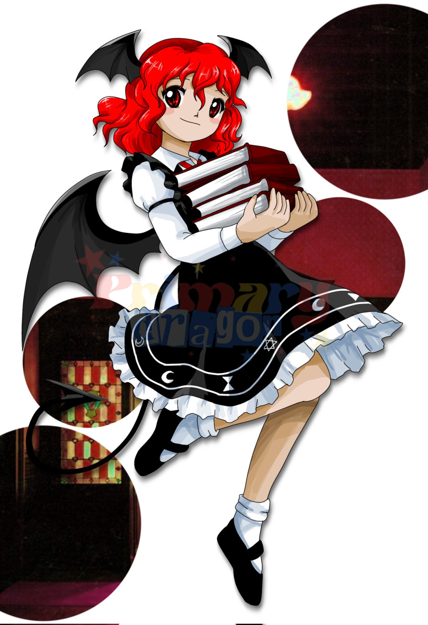 1girl, bat_wings, book, crescent_moon, demon_girl, demon_tail, dress, head_wings