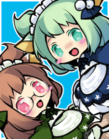 2girls, animal_ears, blue_background, blue_dress, brown_hair, cat_ears, cat_girl, cw_hituzi