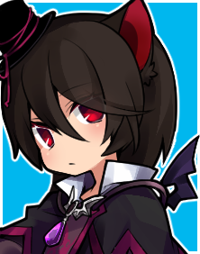 1girl, animal_ears, bat_wings, black_dress, black_hair, black_hat, blue_background, cat_ears, cat_girl, cw_hituzi, dress, emil_chronicle_online, from_side, hat, jewelry, lowres, nekomata_kuro, pendant, portrait, red_eyes, wings
