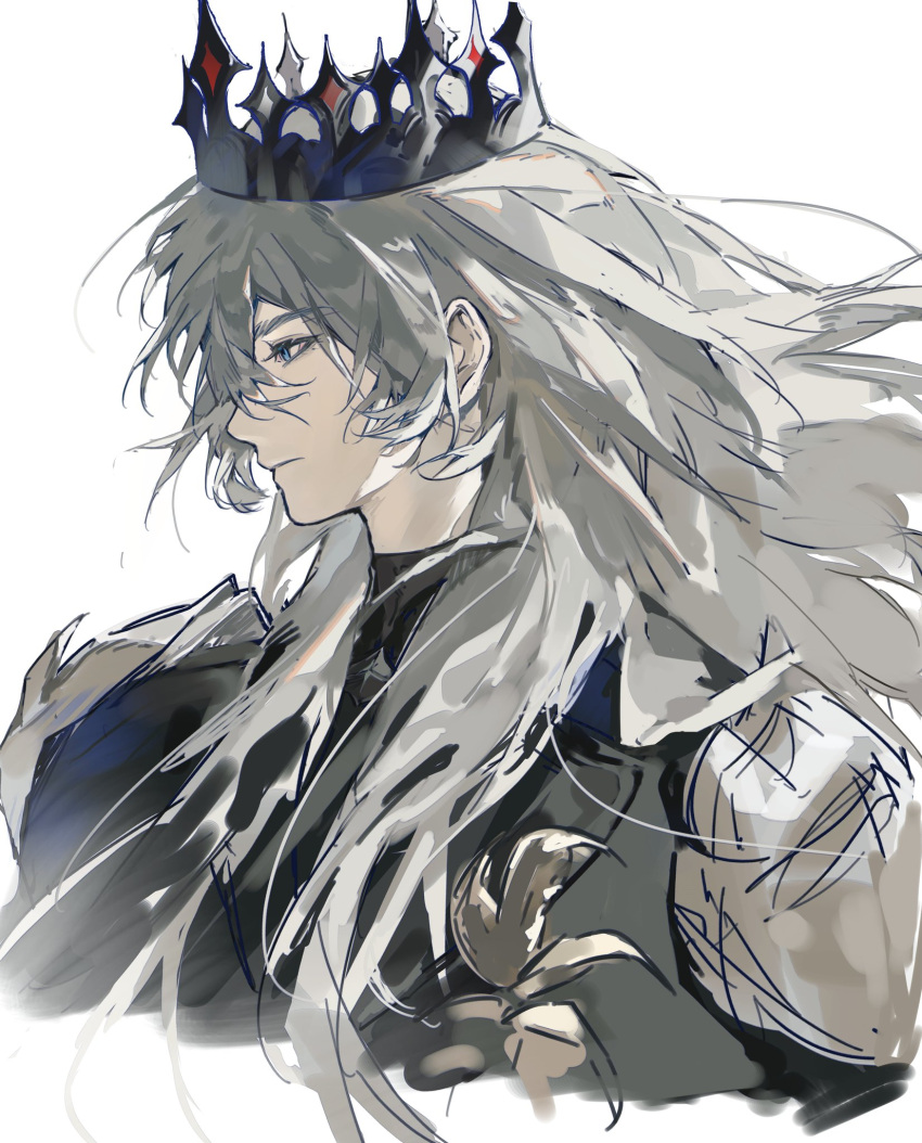 1boy, armor, black_crown, black_jacket, blue_eyes, closed_mouth, cropped_torso, crown, floating_hair, grey_hair, hair_between_eyes, hair_over_shoulder, highres, jacket, long_hair, looking_down, love_and_deepspace, male_focus, pauldrons, profile, shoulder_armor, solo, upper_body, white_background, whxgvejdjxj, xavier_(love_and_deepspace)