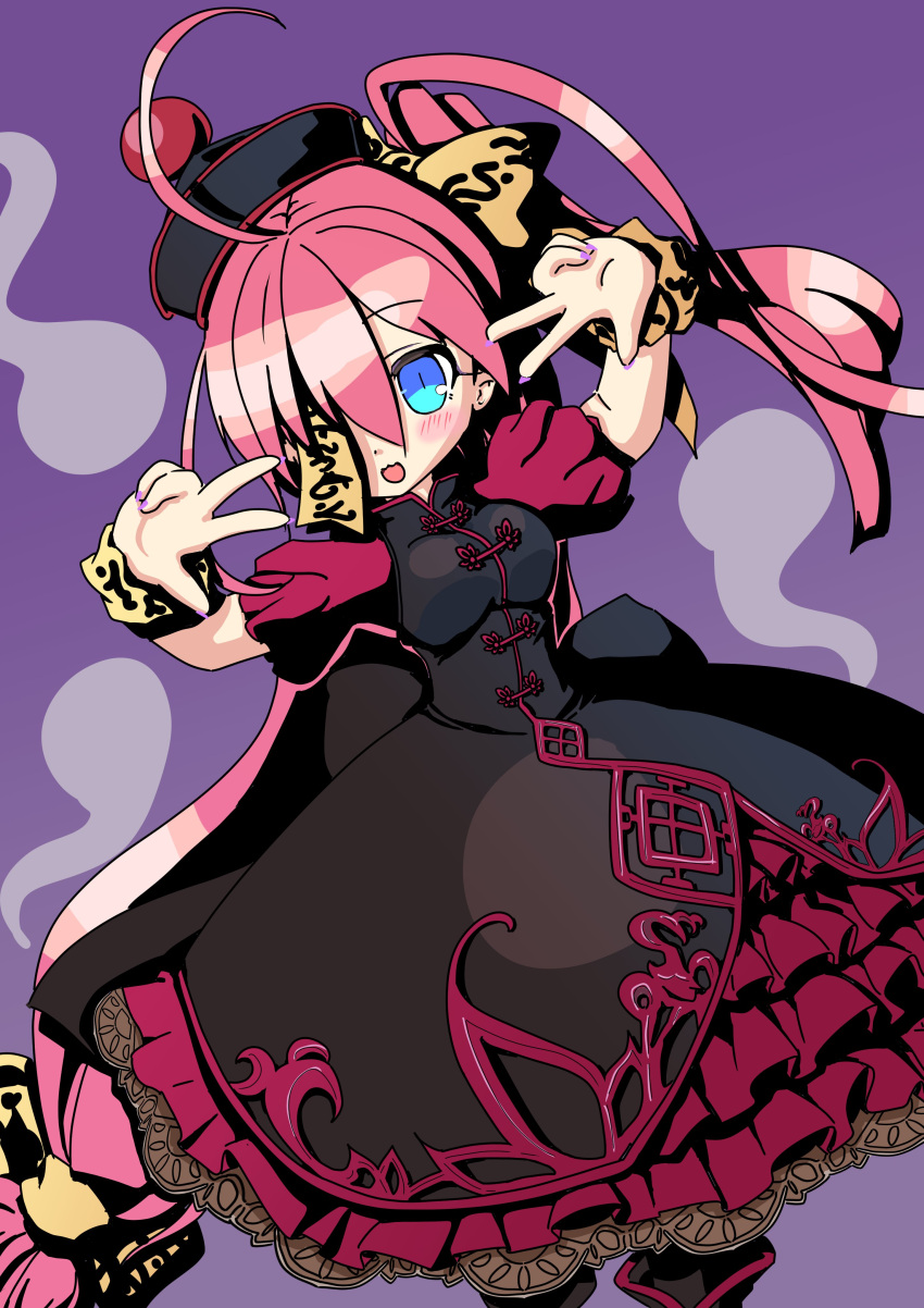 1girl, absurdres, ahoge, black_dress, black_hat, blue_eyes, bow, dress, emil_chronicle_online, frilled_dress, frills, frolyflow2, hair_bow, hat, highres, jiangshi, long_hair, ofuda, one_eye_covered, open_mouth, pink_hair, red_dress, side_ponytail, specter_alma, two-tone_dress, very_long_hair, yellow_bow