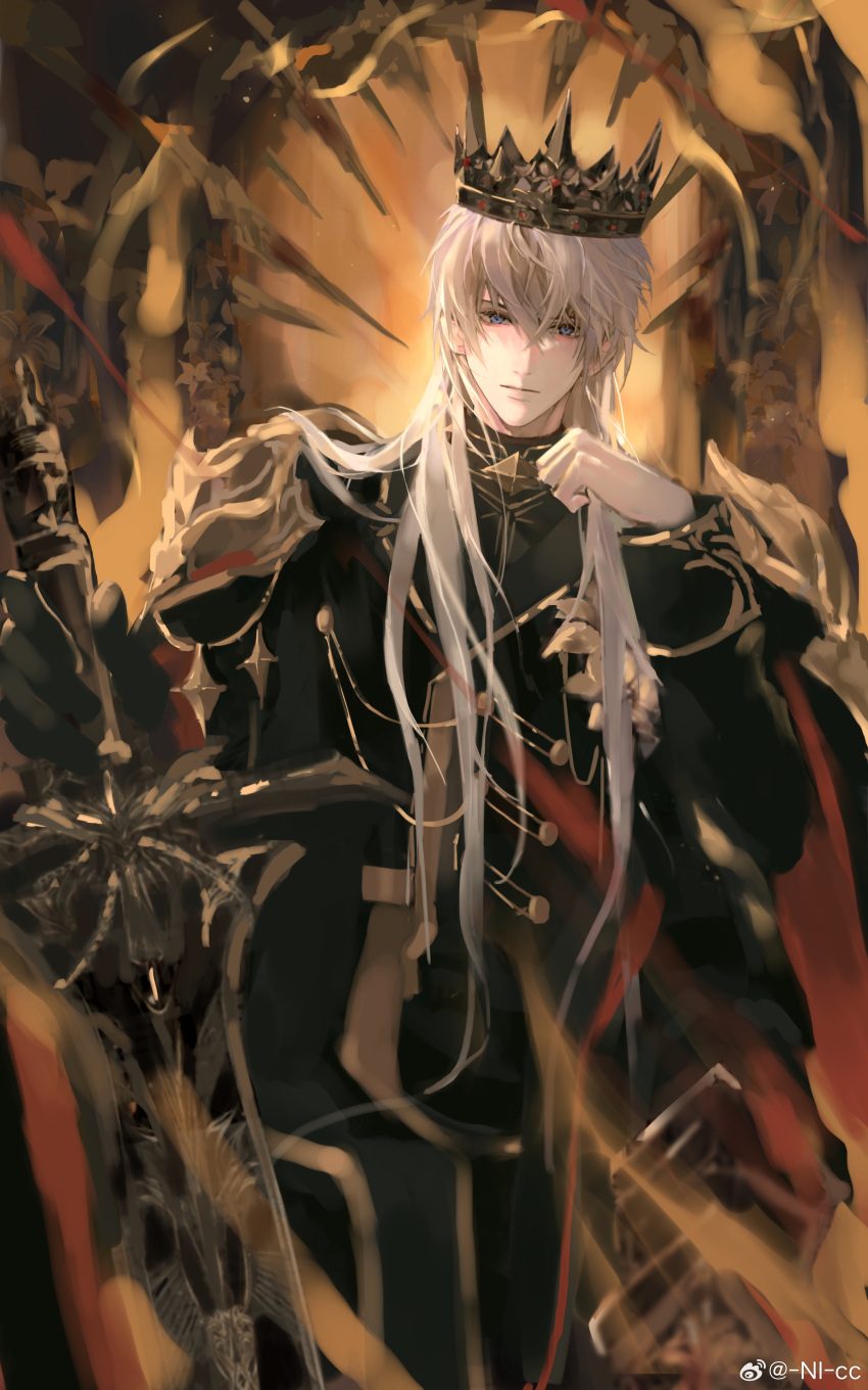1boy, absurdres, armor, black_jacket, black_sleeves, blonde_hair, blue_eyes, blurry
