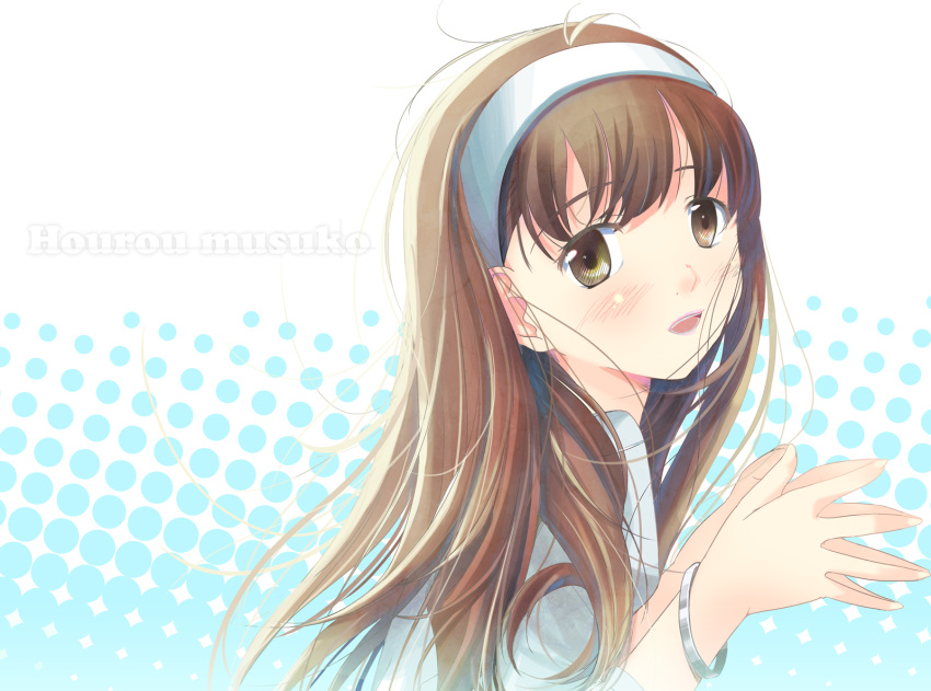 bracelet, brown_eyes, brown_hair, crossdressing, crossdressinging, hairband, highres, hourou_musuko