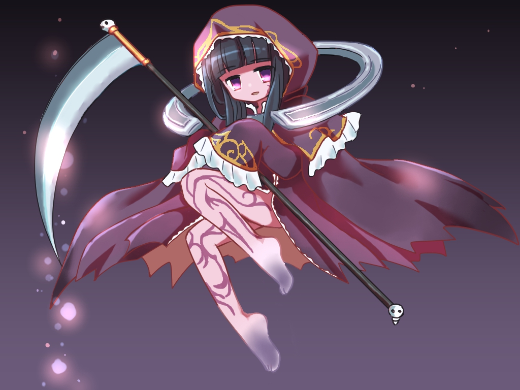 1girl, black_hair, body_markings, cloak, death_alma, dress, emil_chronicle_online, frilled_dress