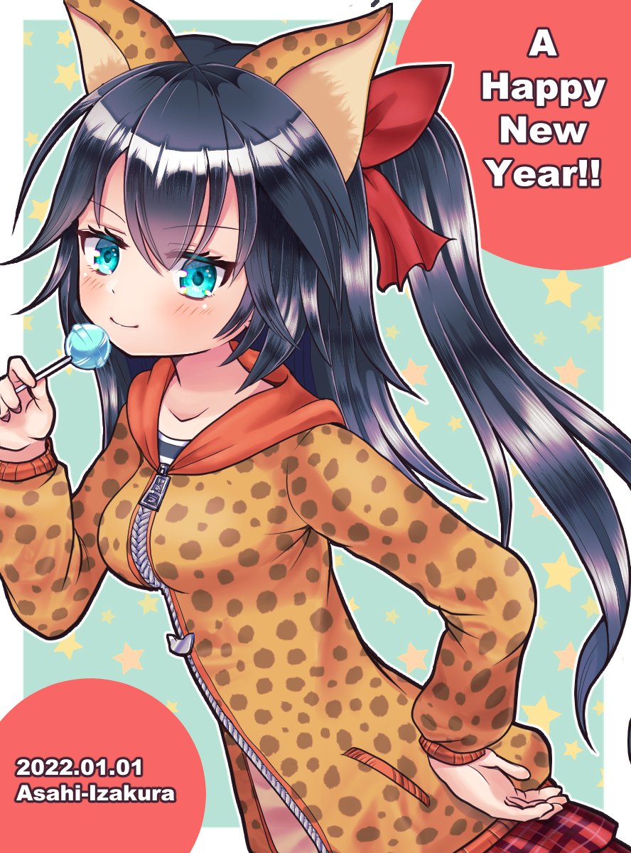 1girl, animal_ears, artist_name, balulu_alma, black_hair, blue_eyes, bow, candy, ciel0420, dated, emil_chronicle_online, food, from_side, hair_bow, happy_new_year, highres, holding, holding_candy, holding_food, jacket, long_hair, orange_jacket, red_bow, red_skirt, shirt, side_ponytail, skirt, striped_clothes, striped_shirt