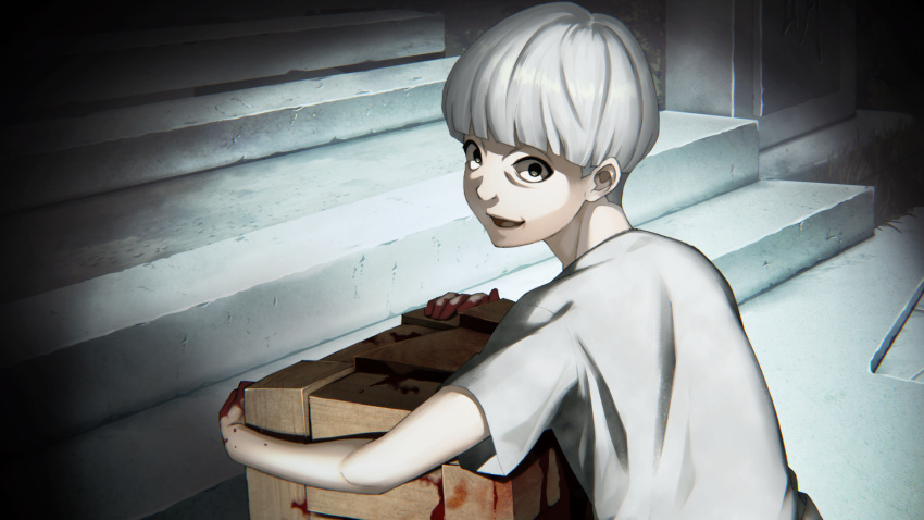 1boy, blood, blood_on_hands, blood_on_object, child, constricted_pupils, crate, game_cg